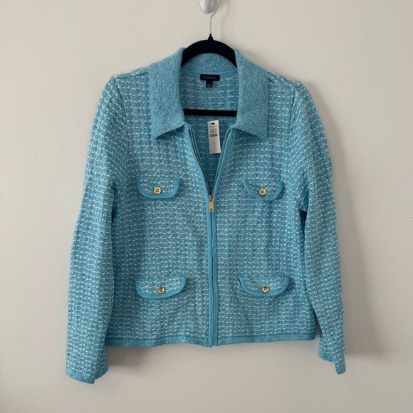 Talbots Jackets & Blazers - NWT Talbots Blue Knit Zip Front Jacket Cardigan Gold Buttons Size Large